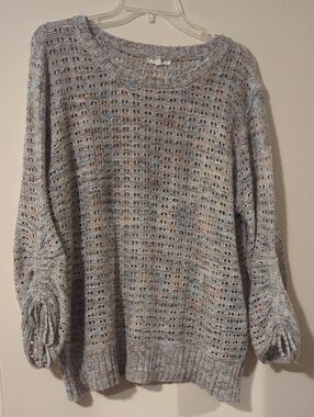 Open-Knit Light Blue Crewneck Sweater with Ruched Sleeves